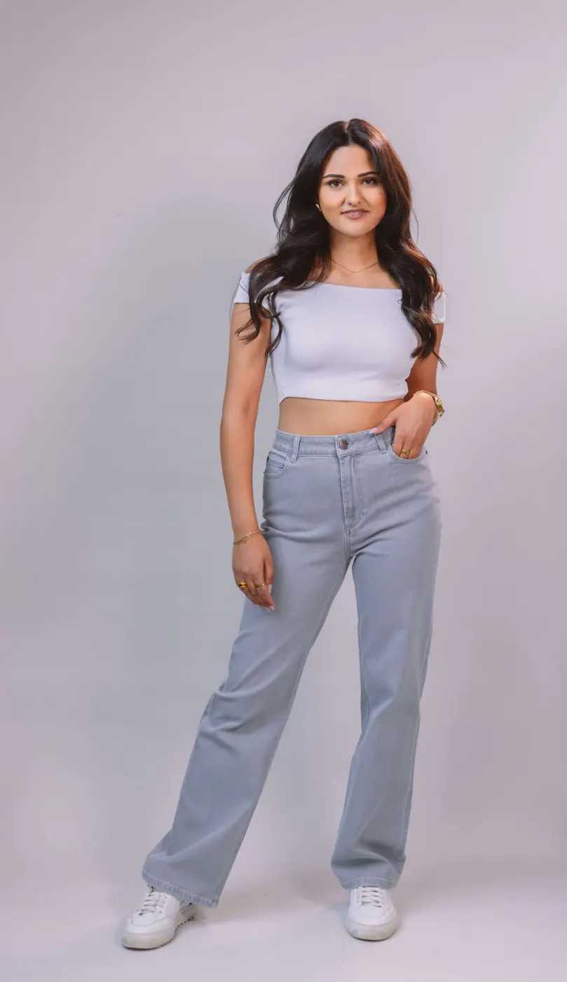 Petite Retro Flared Jeans – Light Grey — detailfoto 5