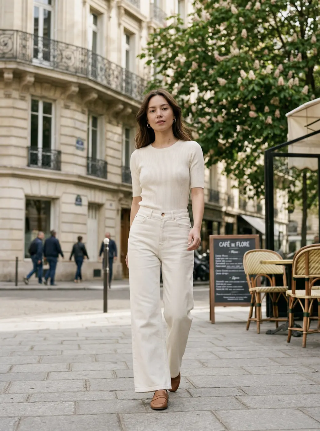 Petite Wide Leg Jeans – Off-white (Cloud Dancer), gedragen door een model van 160 cm in maat XS-30