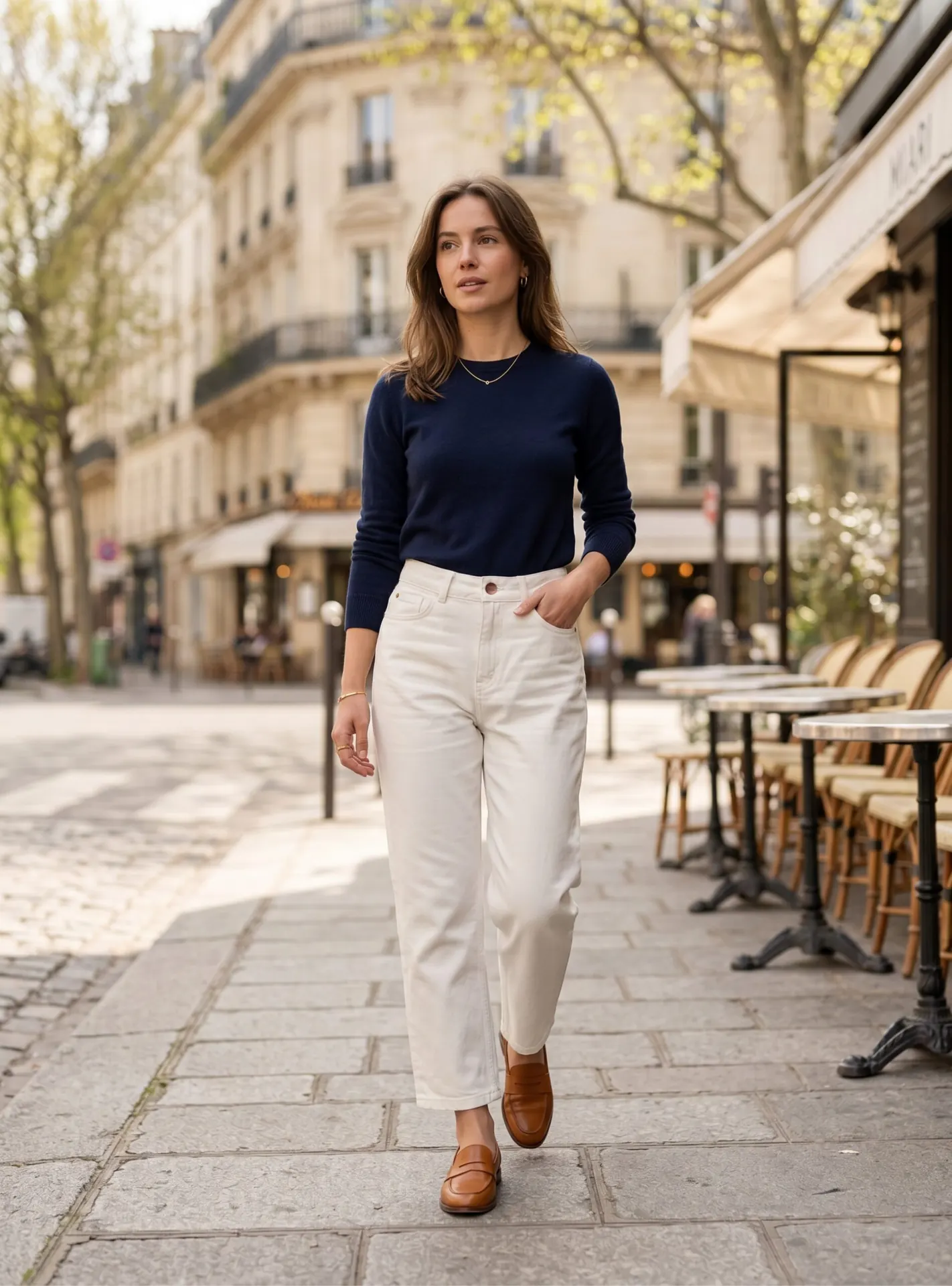 Model in de Petite Wide Leg Jeans in Cloud Dancer off-white, gecombineerd met een donkerblauwe trui
